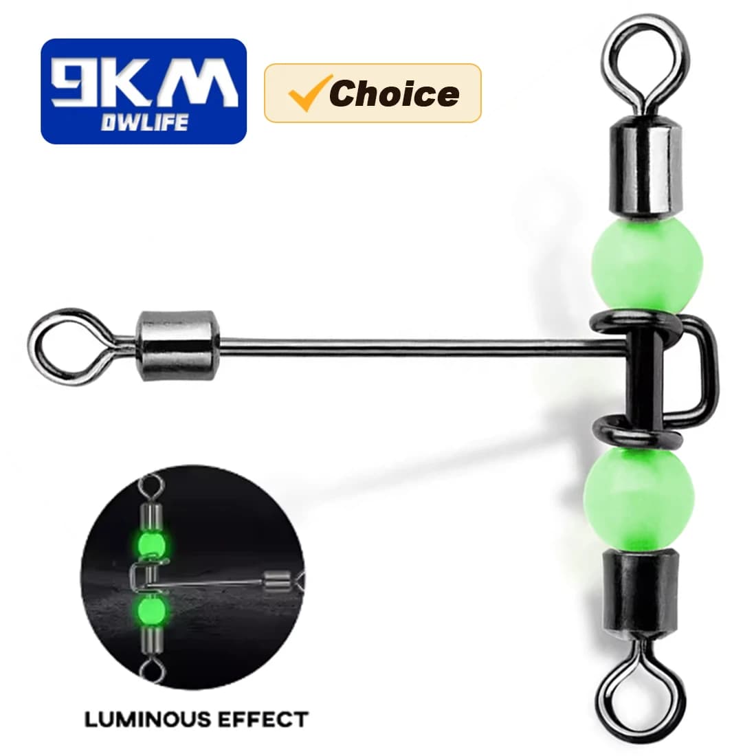 Émerillons 3 voies 9KM avec perles lumineuses - 10 pièces acier inoxydable pêche