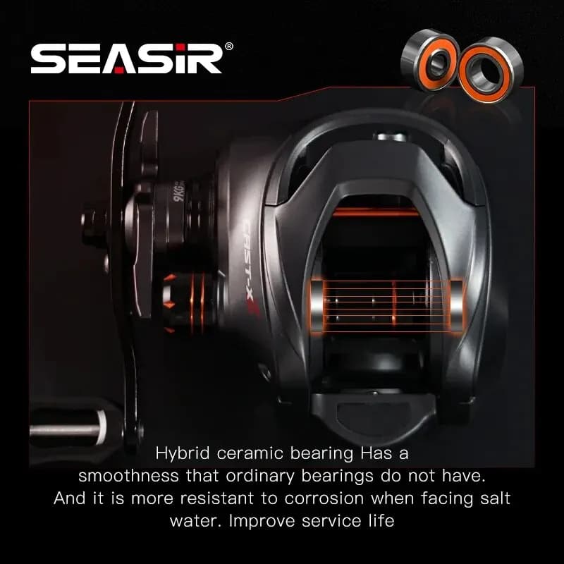Moulinet baitcasting SEASIR Cast X2 7.3:1 - Roulements céramique hybride, frein N52 pour pêche sportive