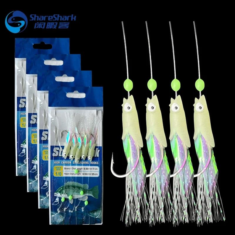 Kit Sabiki Pêche en Mer 5 Hameçons avec Leurres Fluorescents et Peau de Poisson Naturelle