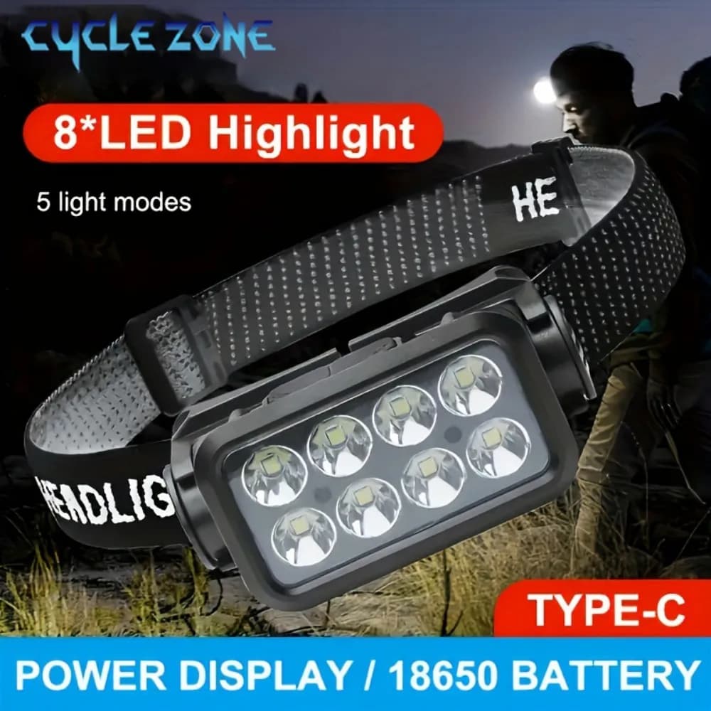 Lampe frontale 8 LED induction Type-C rechargeable 5 modes éclairage pêche camping détecteur