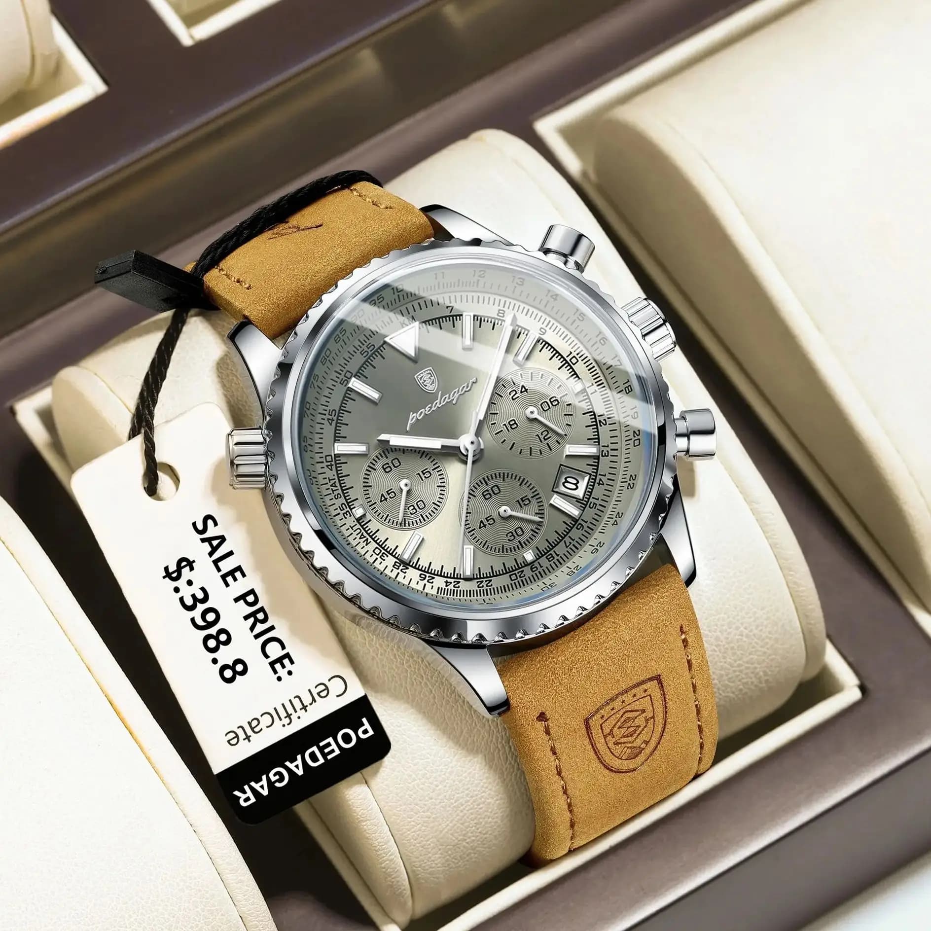 Montre homme chronographe étanche lumineuse - Boîtier cuir quartz pêcheur cadeau boîte