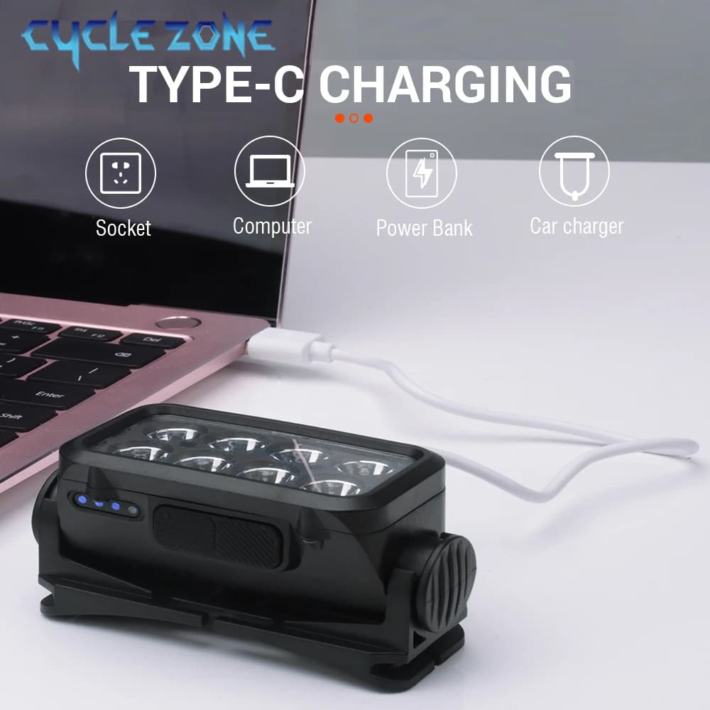 Lampe frontale 8 LED induction Type-C rechargeable 5 modes éclairage pêche camping détecteur
