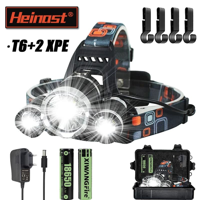Lampe frontale double batterie 18650 étanche - Rechargeable USB pour pêche camping autonomie longue