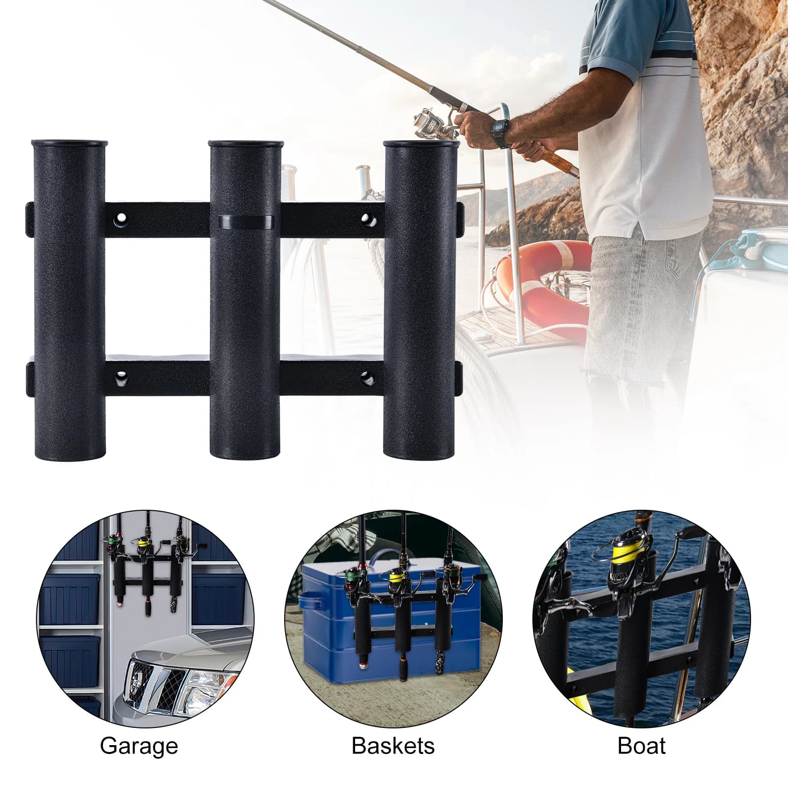 Support 3 cannes de pêche pour bateau - Porte-cannes marine noir Goture avec fixation tube plastique