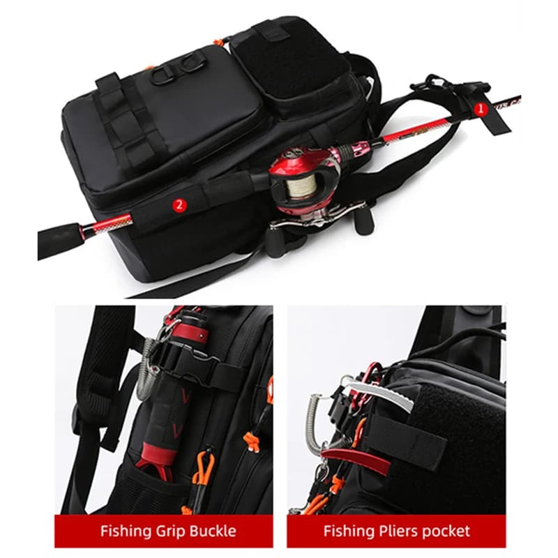 Sac à dos multifonction pour leurres de pêche avec porte-cannes et système MOLLE - Randonnée