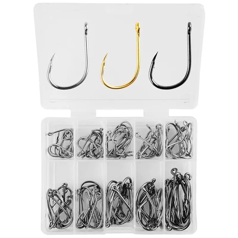 100 hameçons de pêche mer avec boucle pour carpe cruciane, set accessoires pêche Luyatai, hameçons barbelés