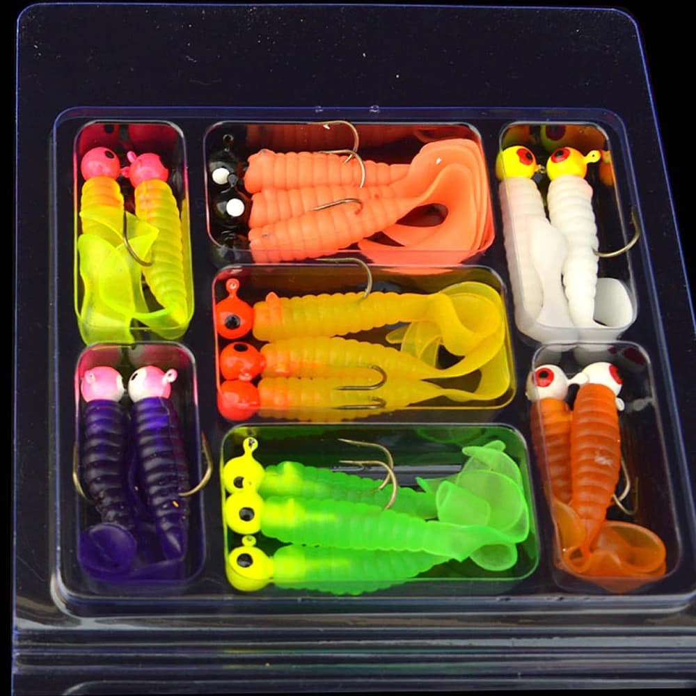 Set 34 pièces hameçons métal + vers souples - Leurres artificiels pour pêche au grub