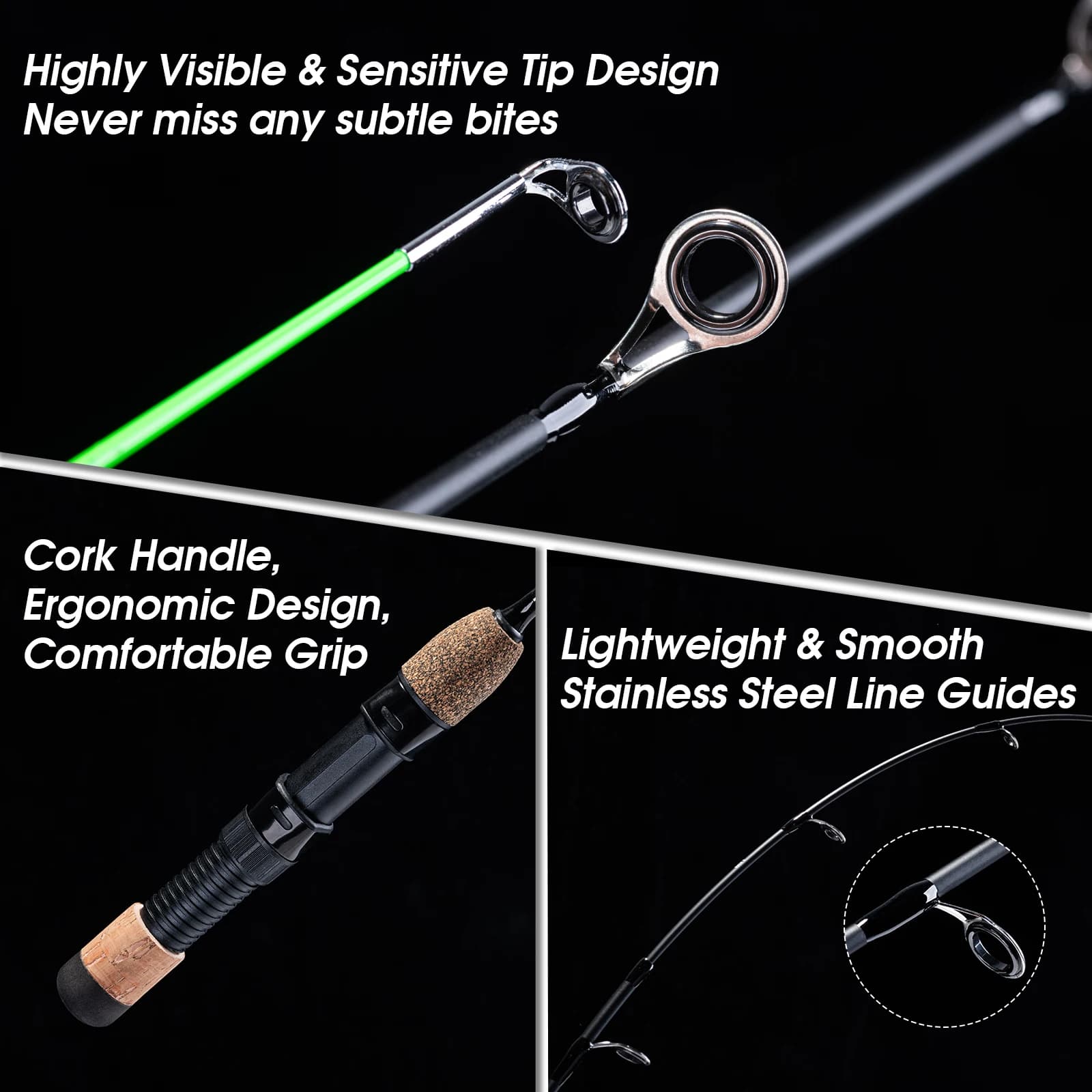 Canne glace GOTURE 32" double scion M+MH pour pêche hivernale carpe et poissons blancs ultralégère