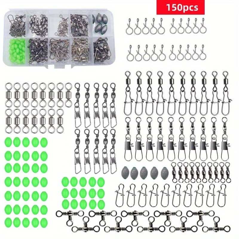 Kit pêche 150 pièces avec connecteurs rapides, plombs oeufs et perles lumineuses pour spinner