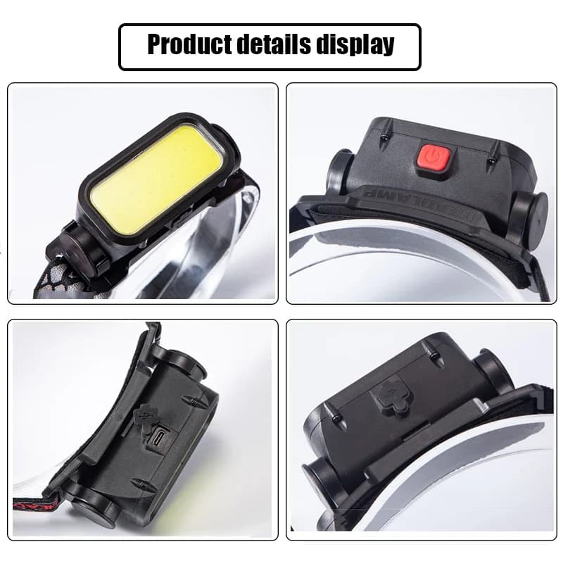 Lampe frontale COB LED puissante rechargeable USB pour pêche nocturne et camping - 4 modes