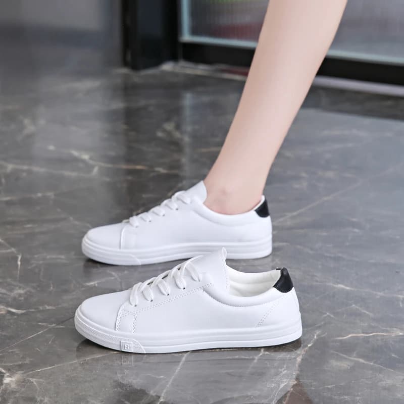 Baskets casual femme pêche étudiantes - Chaussures sport cuir PU blanc vulcanisées