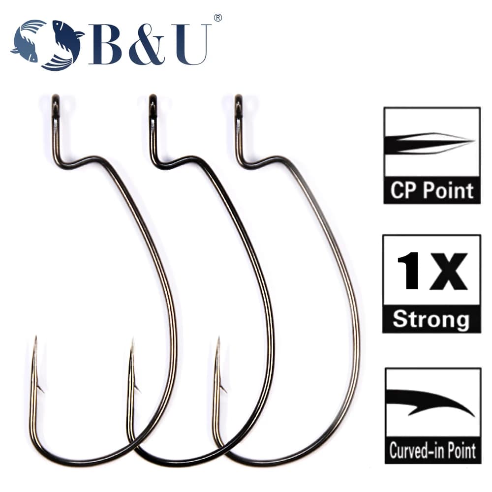 12 hameçons offset EWG B&U à anneau large - Acier carbone pour leurres souples
