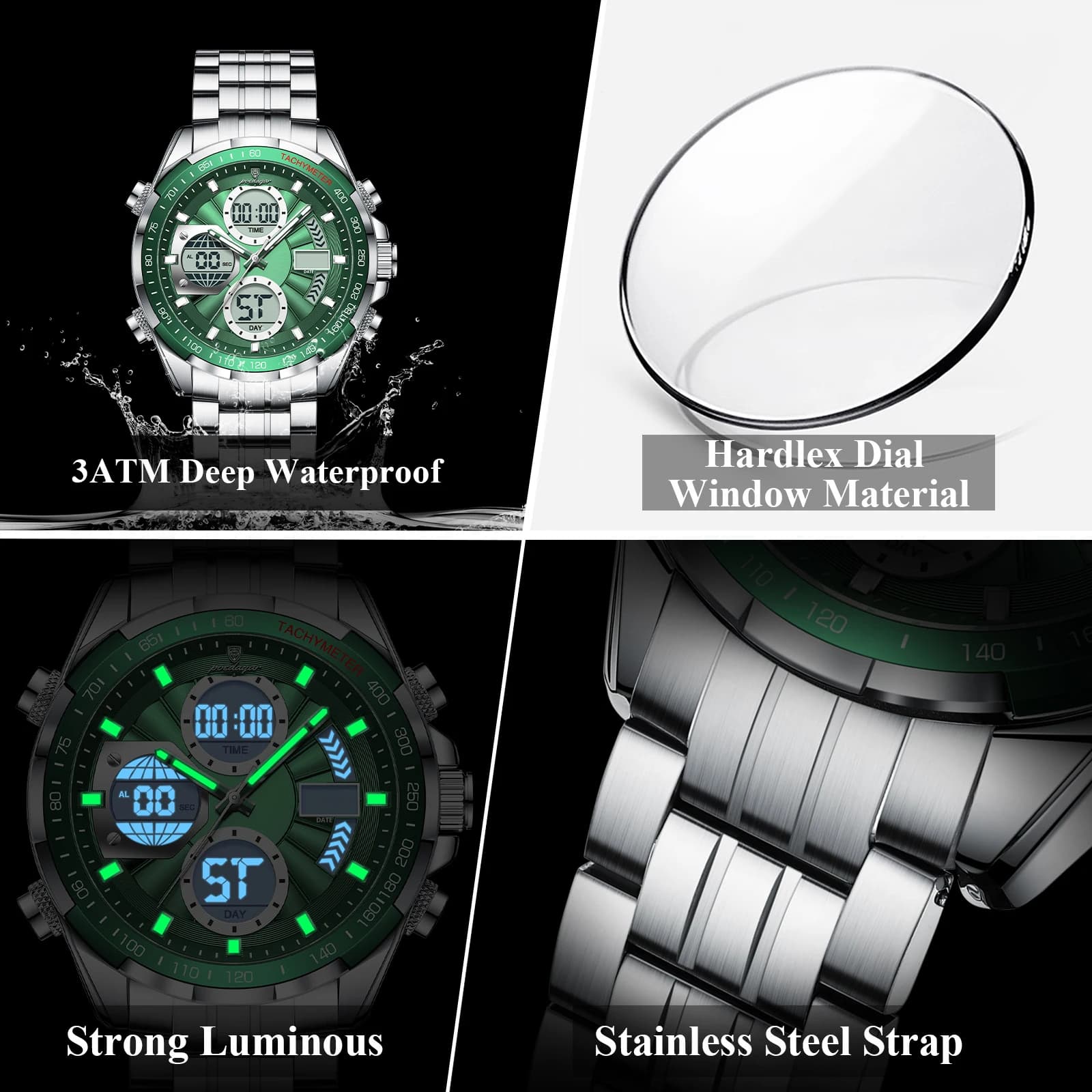 Montre homme POEDAGAR luxe étanche électronique LED - Affichage double fuseau - Bracelet acier inoxydable
