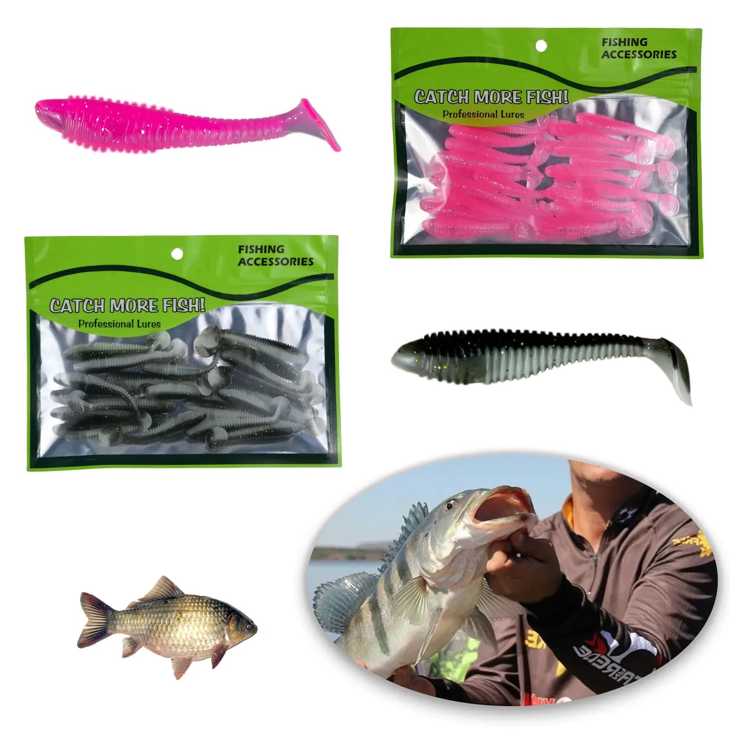 Leurres souples pêche 20PCS vers T-tail 5.5-7.5cm pour brochet perche et black bass