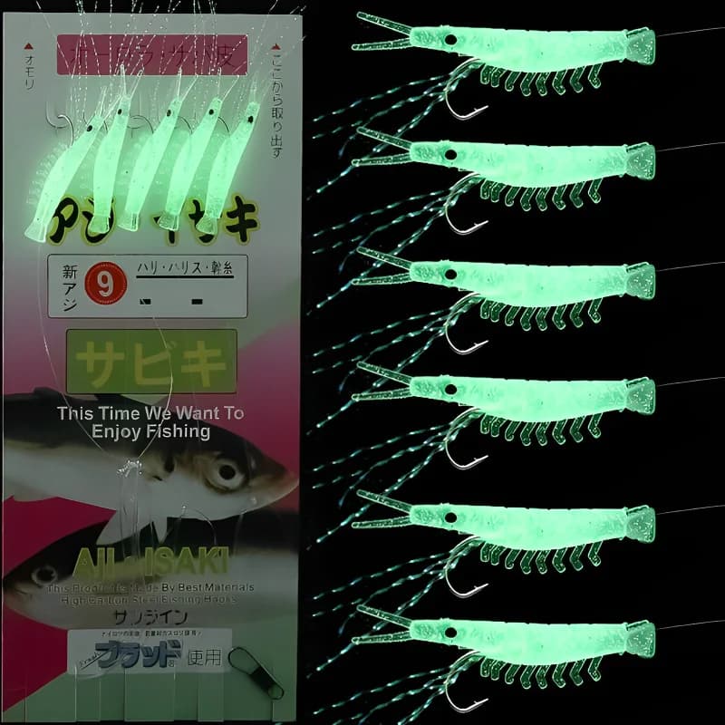 Leurre souple crevette lumineux 5 pièces avec hameçon barbelé pour bar morue et maquereau en pêche mer