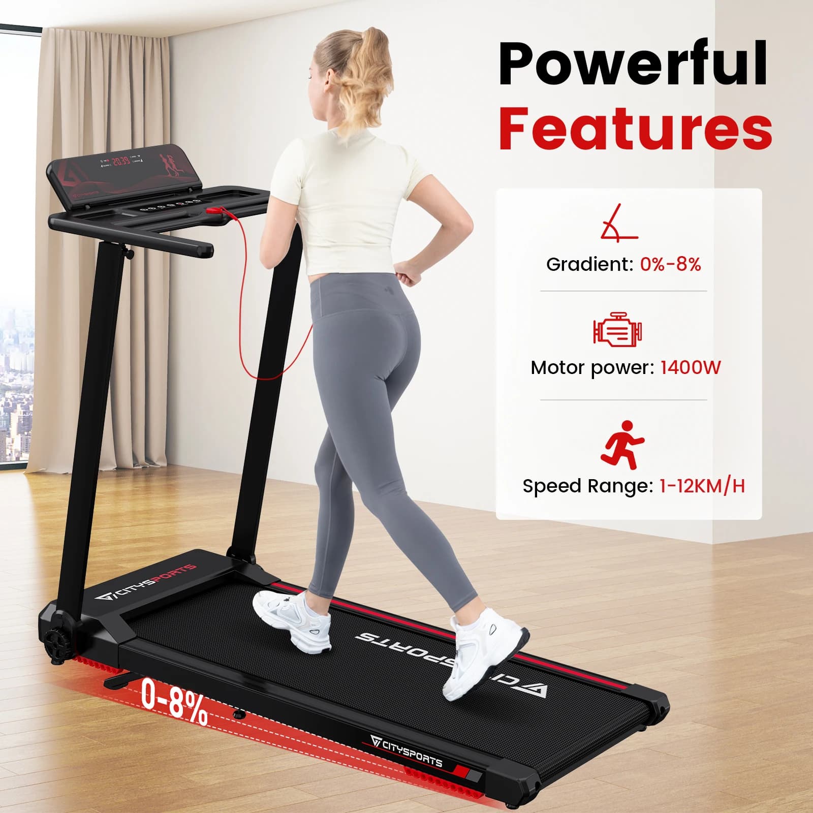 Tapis de course pliable électrique CITYSPORTS PRO inclinaison 12 km/h appli smart LED pêche cardio