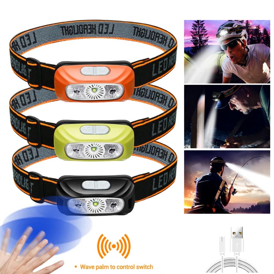 Lampe frontale pêche rechargeable USB puissante avec capteur de mouvement pour camping nocturne