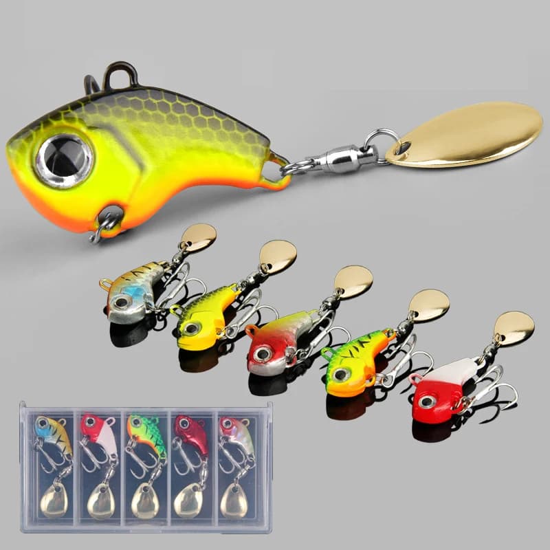 Set 5 leurres métalliques pêche mer - Cuillères tournantes VIB spinner wobbleurs appâts durs à paillettes