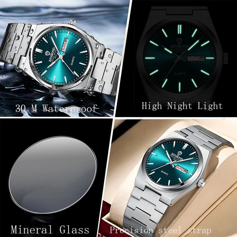 Montre homme d'affaires quartz acier inoxydable étanche calendrier luminescent cadeau élégant