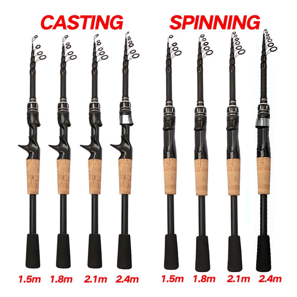 Canne à leurres télescopique carbone 1.5M à 2.4M manche bois casting 8g-25g pêche sportive précise