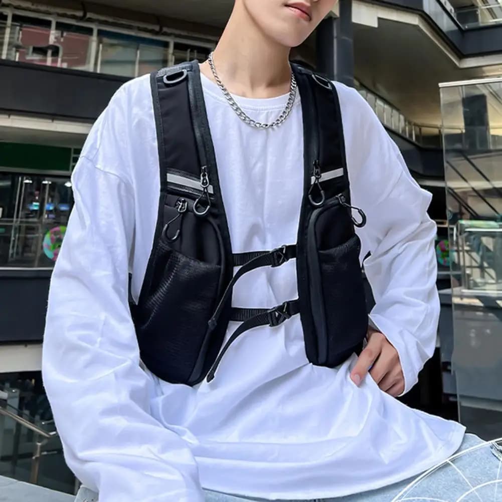 Sac poitrine fonctionnel grande capacité pour pêche avec bandes réfléchissantes veste porte-accessoires sport