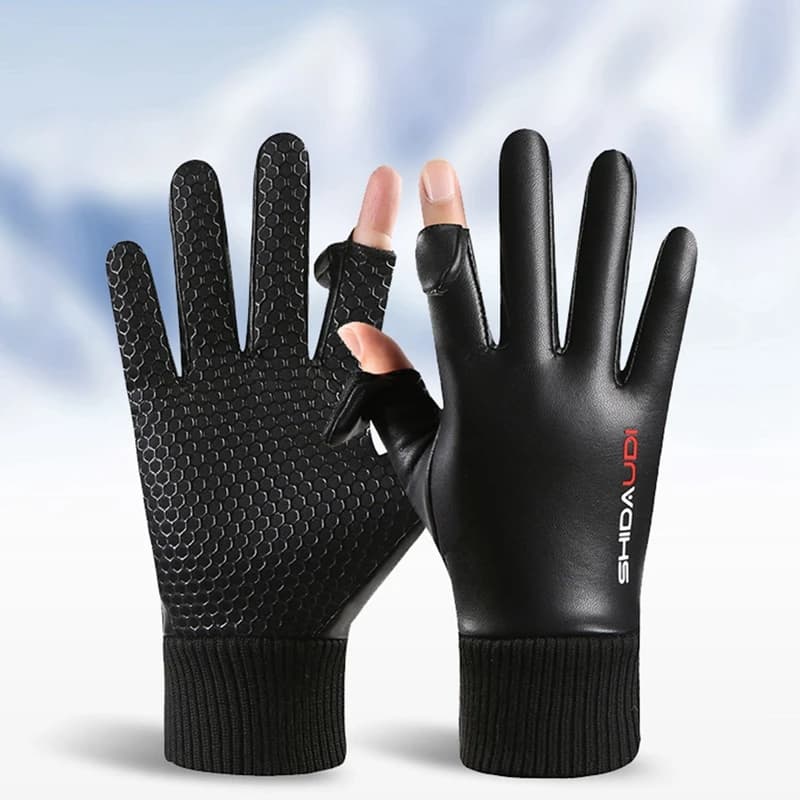 Gants deux doigts rabattables cuir PU chauds imperméables anti-froid hiver vélo conduite pêche