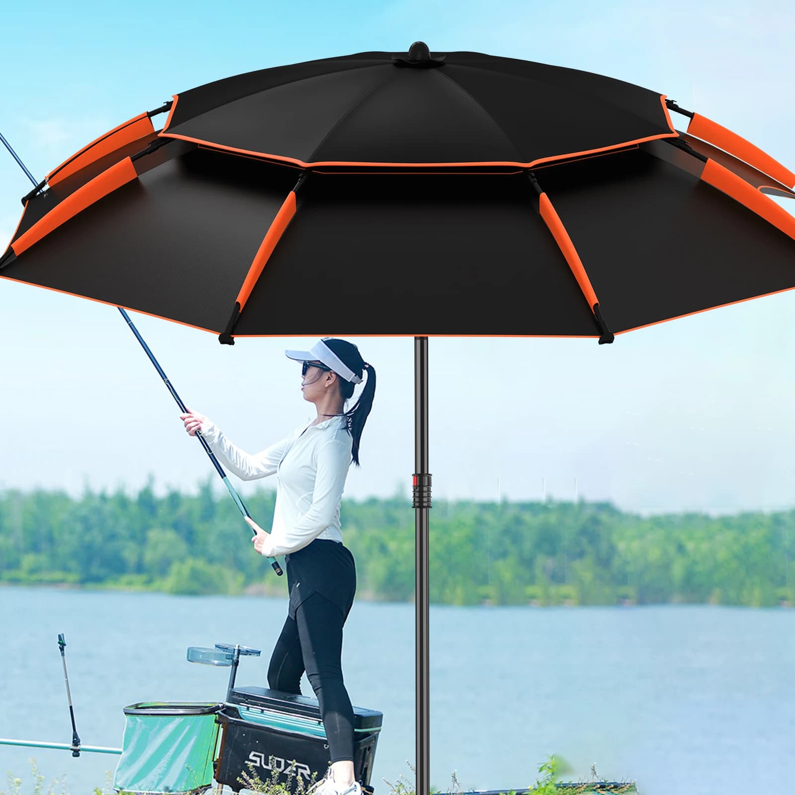 Grand parapluie pêche pliable UPF 50+ waterproof - Protection solaire avec support réglable portable