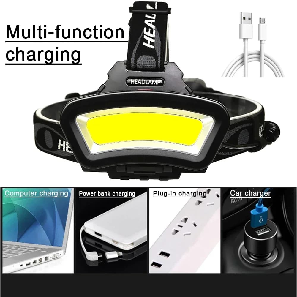 Lampe frontale COB LED puissante 4 modes - Rechargeable USB pour pêche et camping nocturne