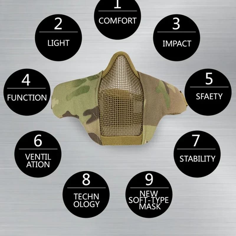 Masque facial tactique camouflage demi-visage maillage métal pêche chasse airsoft protection