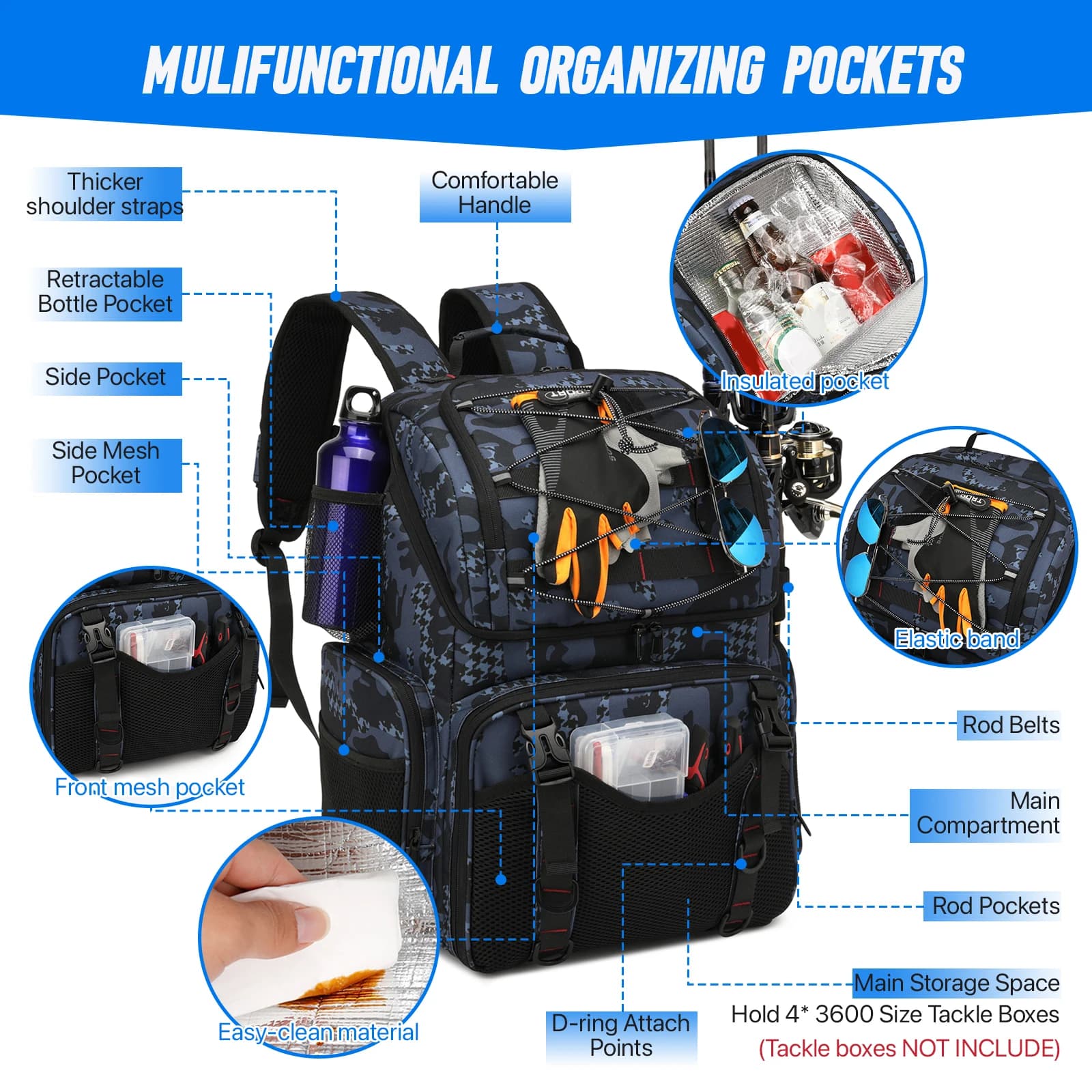 Sac à dos de pêche 45L avec glacière et porte-cannes - multifonction pour camping et randonnée