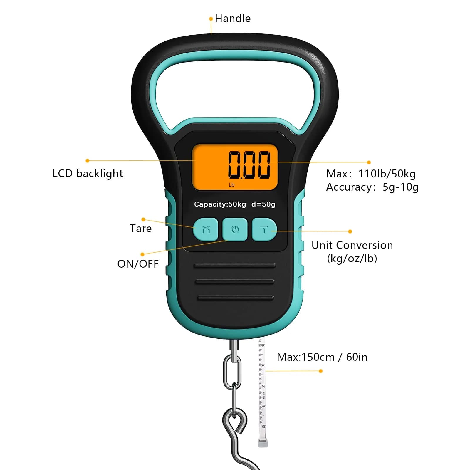 Balance poisson numérique avec règle et capture - Pèse-bagages portable 50kg LCD rétroéclairé pêche
