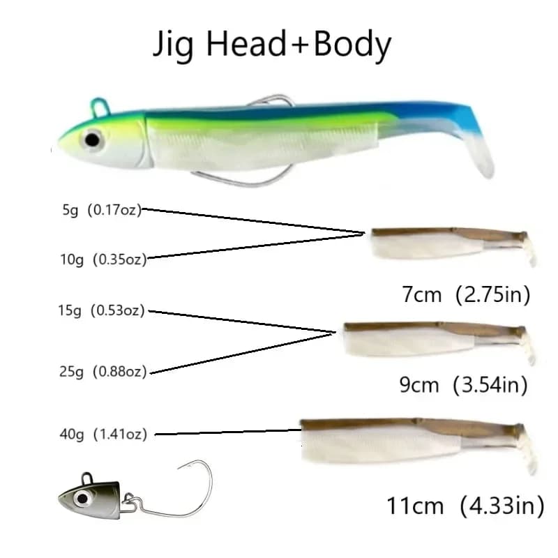Tête de jig TEKNIK 5g à 40g avec leurre black minnow - Pour pêche du bar au jigging