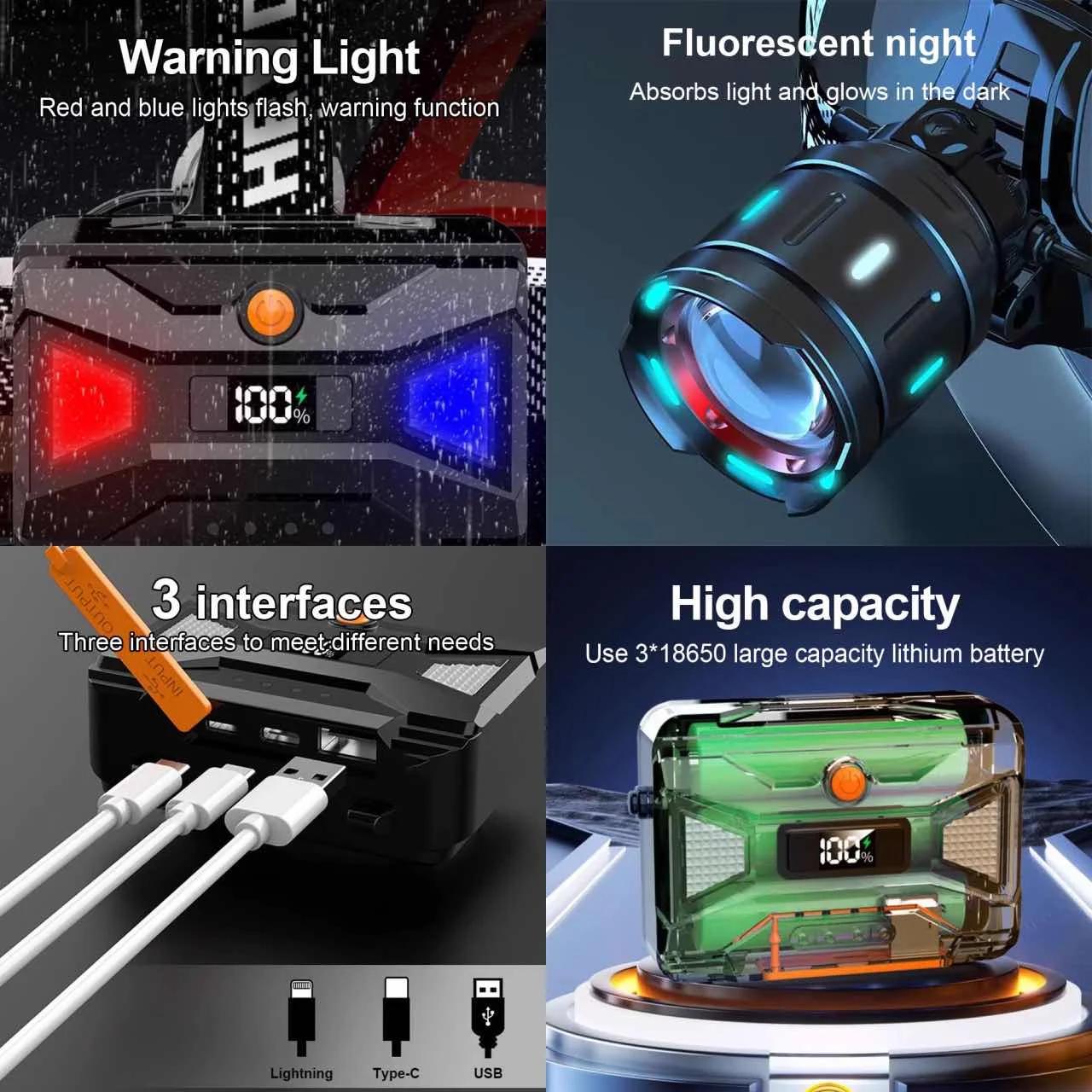 Frontale LED 800W 35000000LM zoomable ultra-puissante pour pêche au gros et chasse nocturne