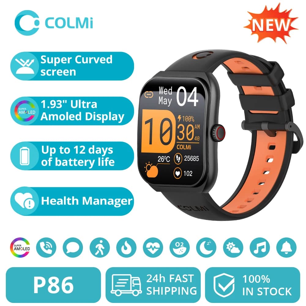 Smartwatch COLMI P86 AMOLED 1.93" IP68 - Gestionnaire santé pour pêcheurs Xiaomi/iOS