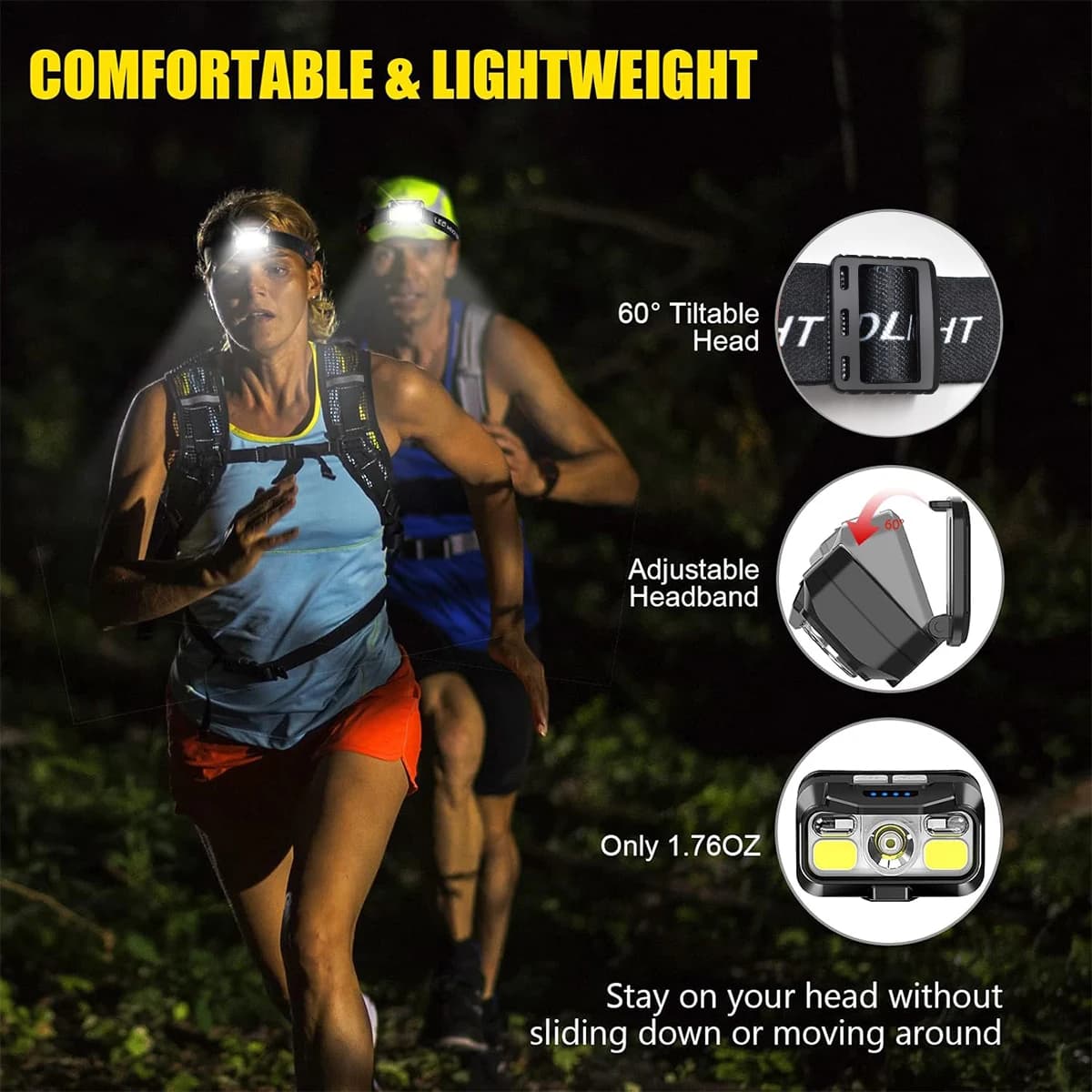Lampe frontale rechargeable 1200 lumens détecteur de mouvement étanche LED lumière blanche et rouge pêche