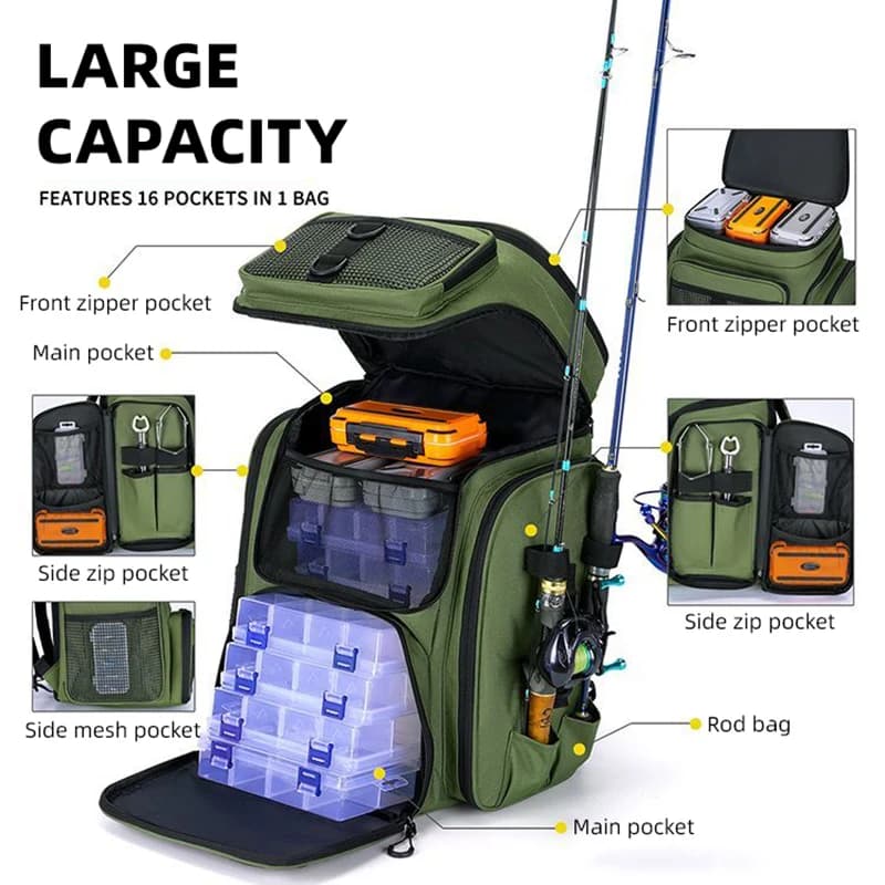 Sac de pêche 50L avec porte-cannes et rangements pour leurres - Grand sac à dos de randonnée