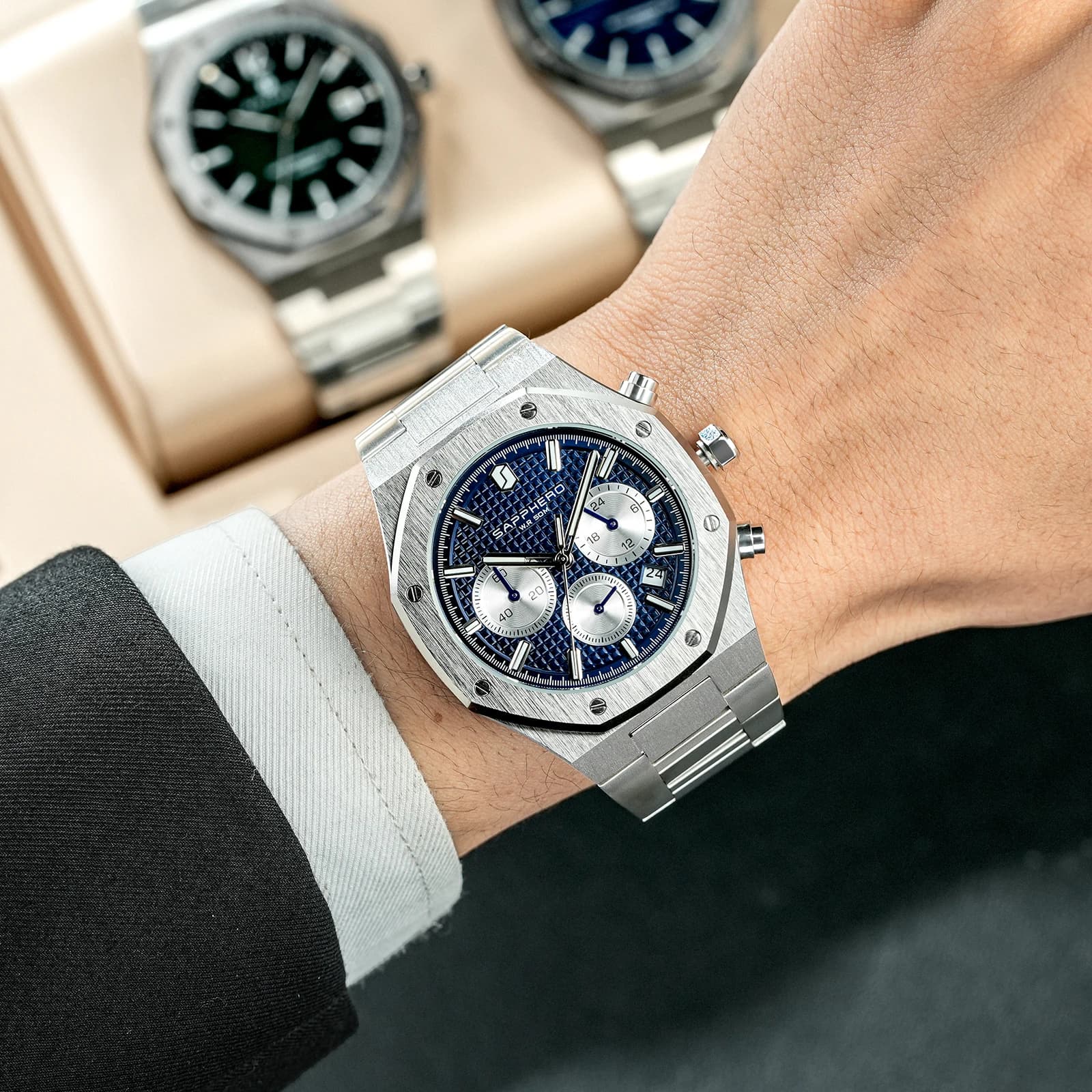 Montre homme SAPPHERO étanche chronographe aiguilles lumineuses acier inoxydable cadeau professionnel