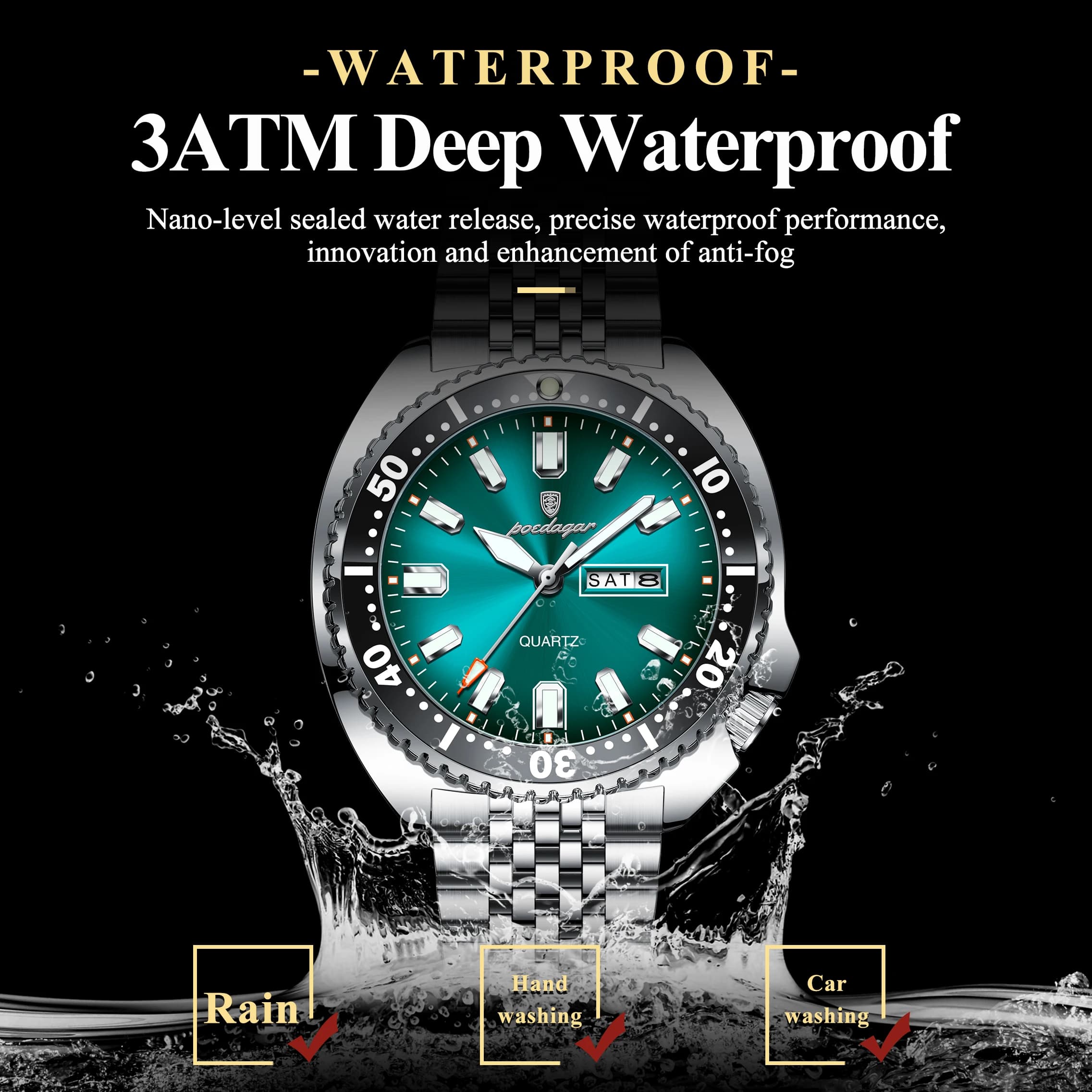 Montre Homme Luxe POEDAGAR Quartz Étanche Sport Élégante Date Semaine Luminieuse Acier