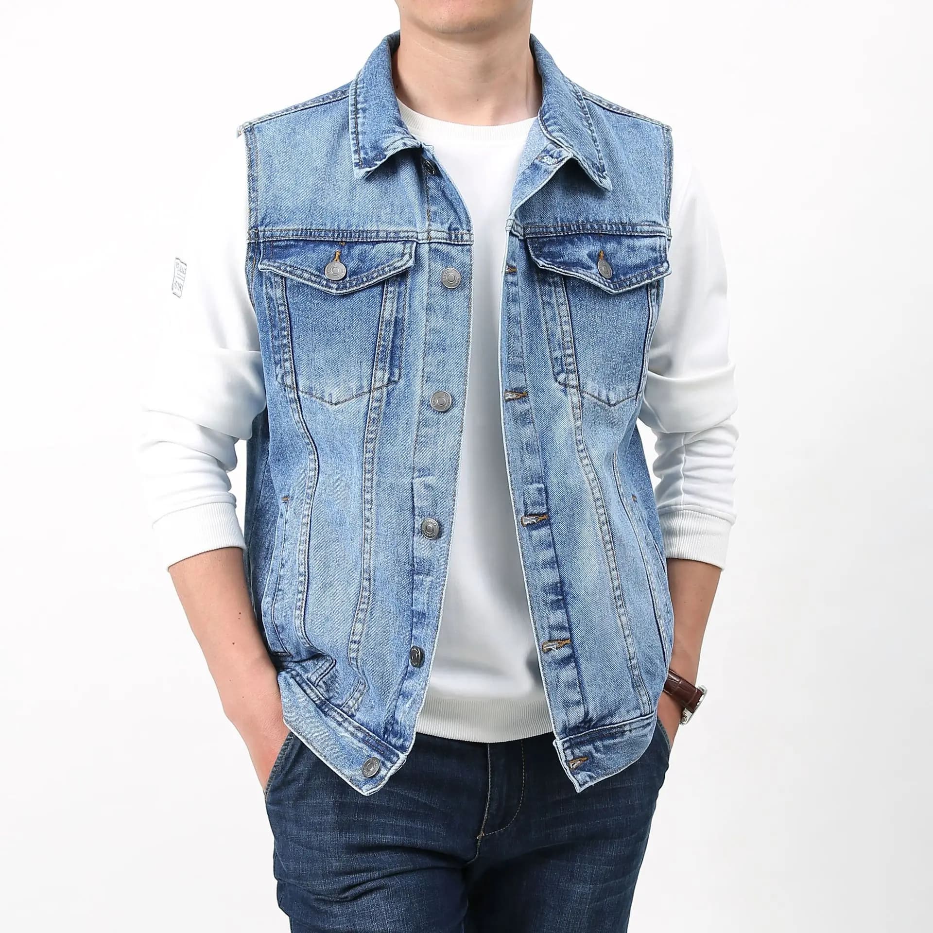 Gilet denim vintage homme 2025 - Veste sans manches en coton pure à multiples poches taille asiatique 4XL
