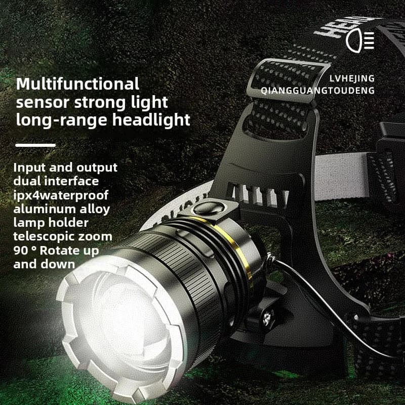Lampe frontale LED ultra-puissante zoom rechargeable 1000m pêche 2x18650 détection haute performance
