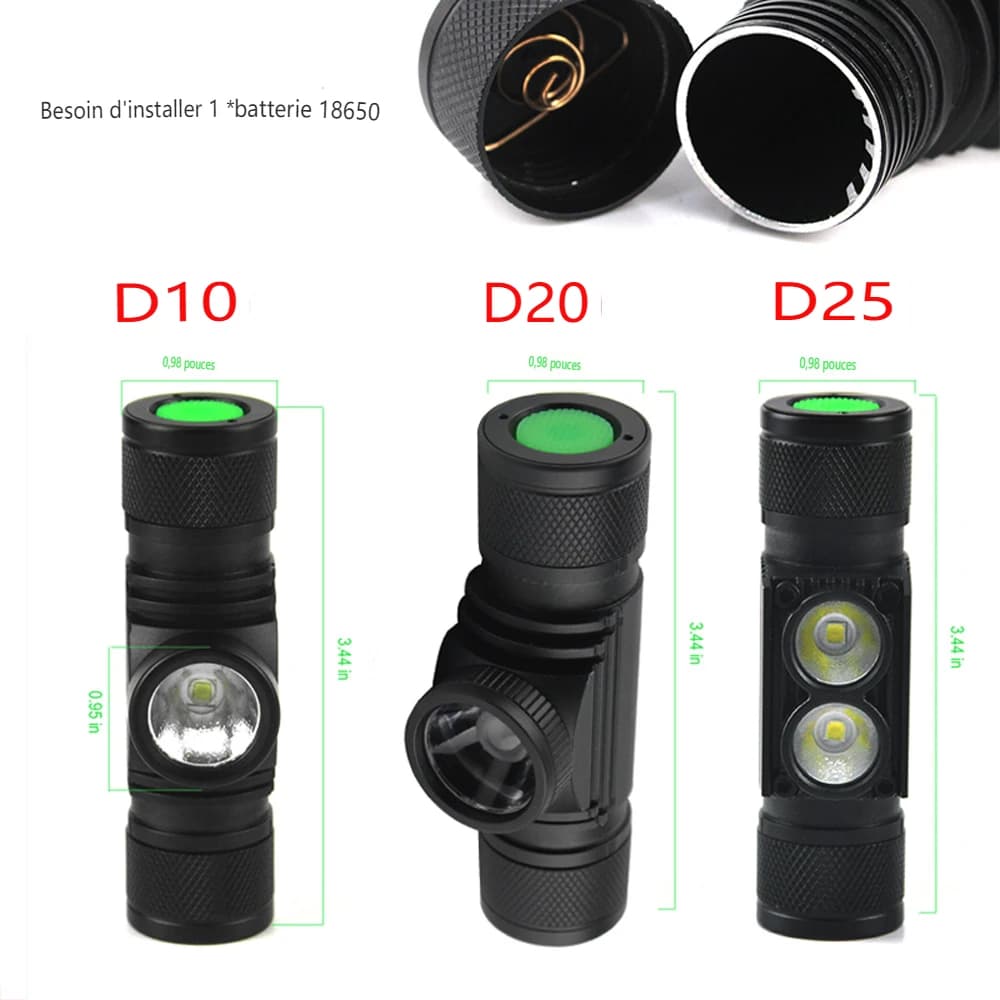 Frontale BORUiT LED mini 1000LM rechargeable 18650 étanche pour chasse camping pêche extérieure