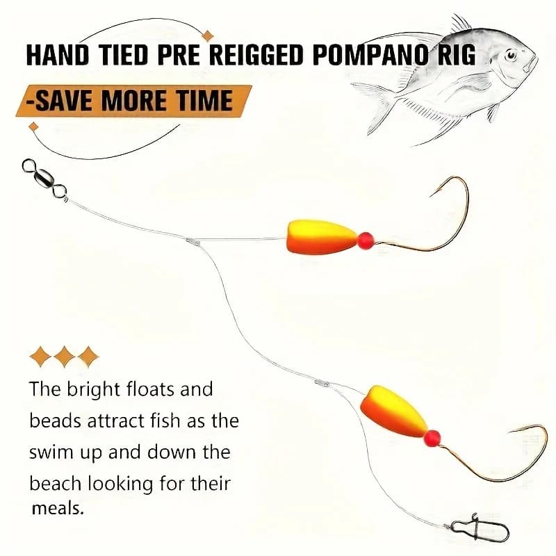 3 montages pompano surf fishing avec flotteurs snell et hameçons circle pour pêche surfcasting appât vivant