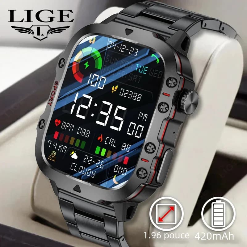 Montre connectée militaire étanche IP68 pour hommes - Smartwatch robuste avec appels Bluetooth et IA vocale