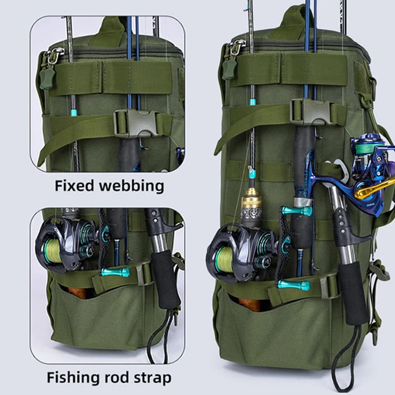 Sac à dos pêche multifonction avec porte-cannes et système MOLLE - Rangement équipement pêche camping randonnée
