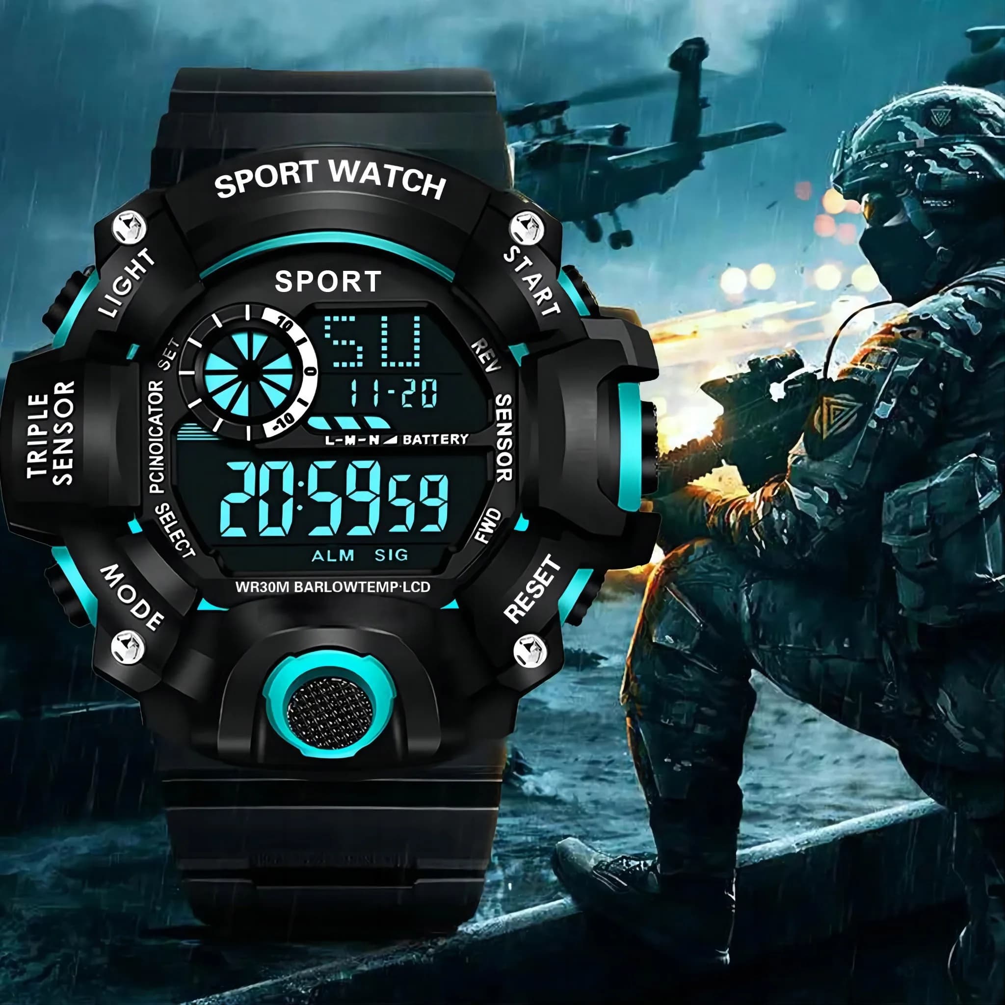 Montre militaire homme multifonction étanche - Cadran large sport électronique avec alarme