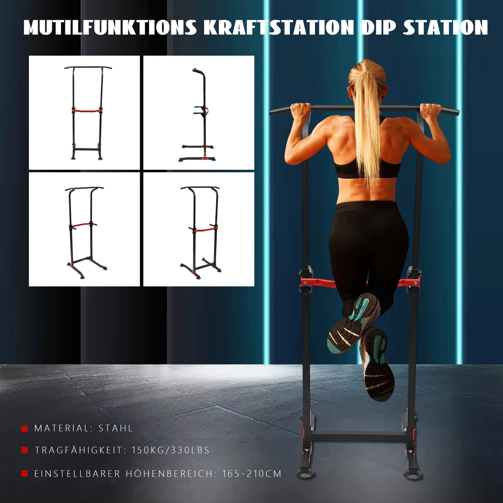 Tour de force multifonction station dips 150kg charge ajustable 10 niveaux barre traction station complète musculation