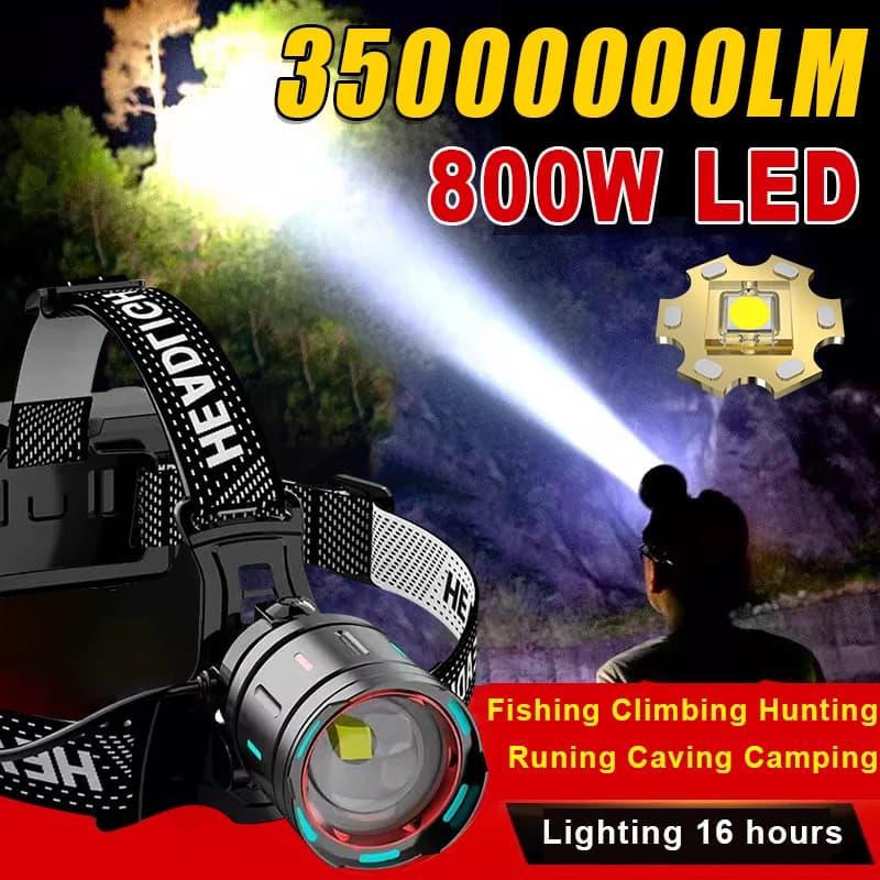 Frontale LED 800W 35000000LM zoomable ultra-puissante pour pêche au gros et chasse nocturne