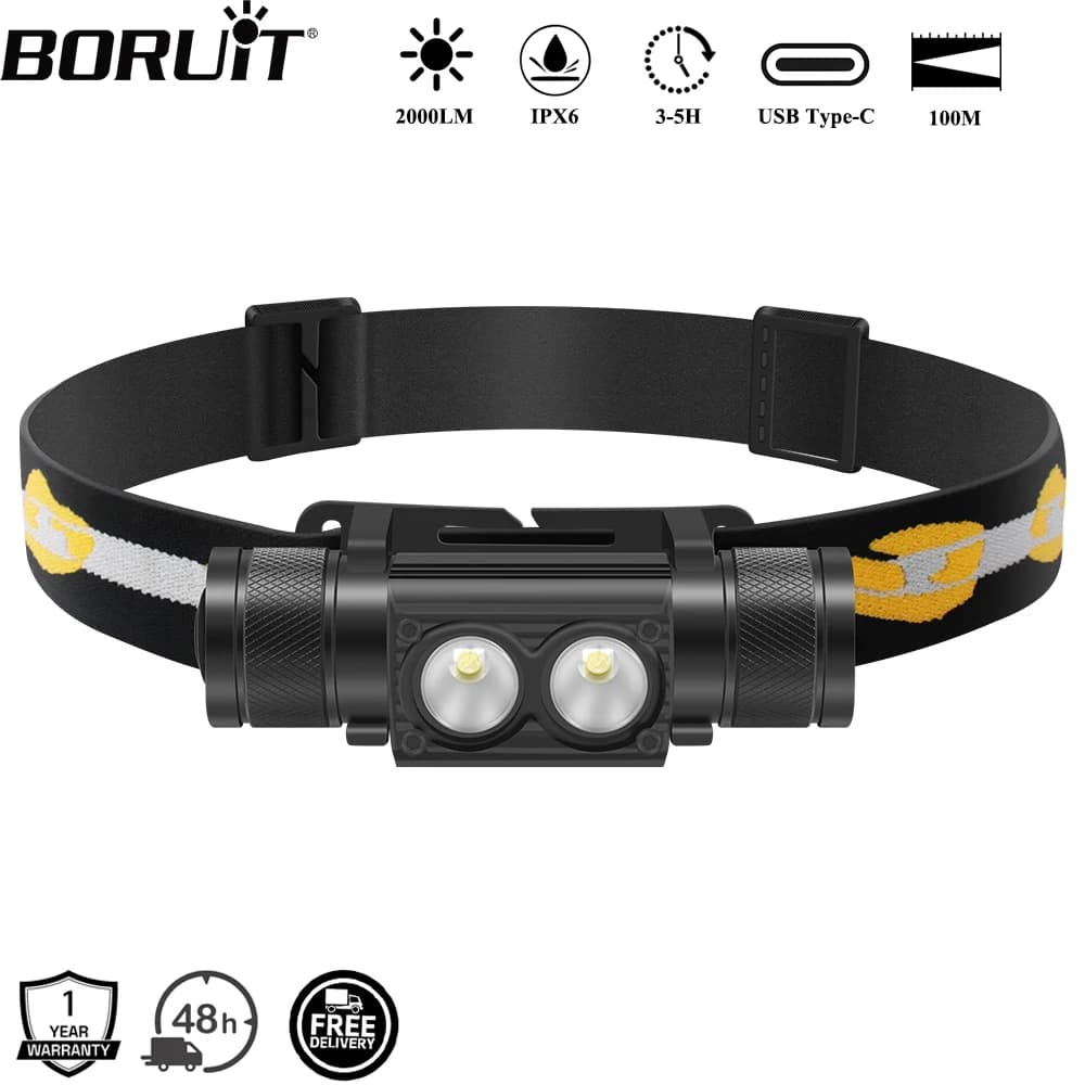 Lampe frontale BORUiT D25 2000LM étanche rechargeable Type-C pour pêche et camping nocturne