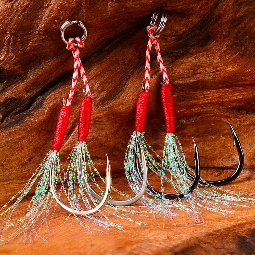 10 paires hameçons doubles jig avec plumes pour slow jigging pêche verticale mer