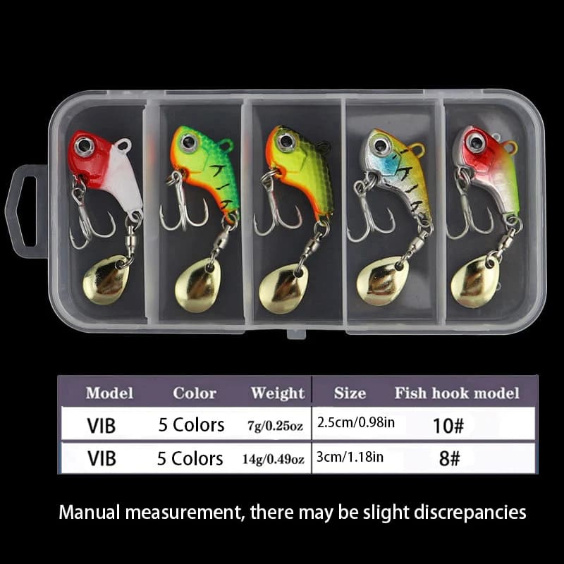 Set 5 leurres métalliques pêche mer - Cuillères tournantes VIB spinner wobbleurs appâts durs à paillettes